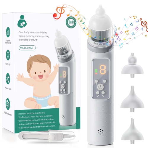 Skdwakiz Nasal Aspirator for Baby, Electric Baby Nose Sucker, Automatic Toddlers Nose Cleaner with 5 Suctions Power, 3 Silicone Tips, 3 Music Modes & Light Soothing Function