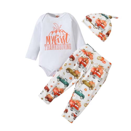MEZZALL My First Thanksgiving Baby Girl Boy Outfit Long Sleeve Romper Bodysuit Tops Pumpkin Pants Hat 3pcs Clothes Set Versatile Dailywear, White, 0-3 Months