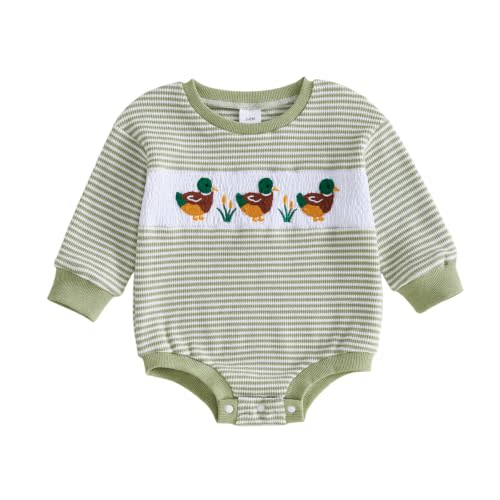 GOOCHEER Fall Baby Boy Clothes Football Duck Hunting Long Sleeve Romper | Newborn Boy Jumpsuit, Football/Duck Embroidery, Smocked, Striped, Crewneck, Fall Winter Baby Boy Clothes, game day
