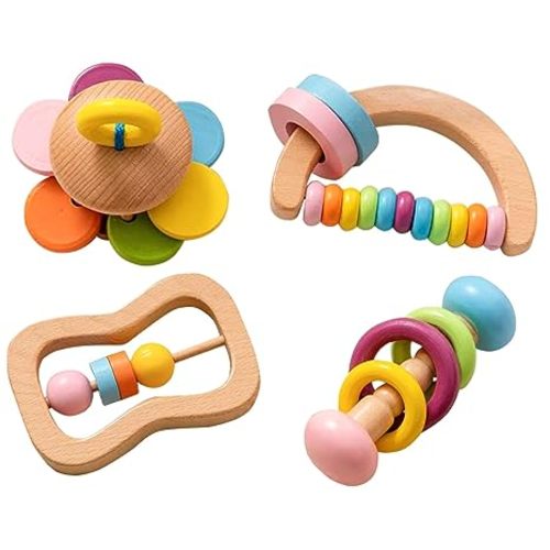 4 PCS Wooden Baby Rattle, Organic Colorful Baby Rattles Set, Wood Rattles for Babies 0-6-12 Months, Wooden Teether Crochet Rattle Toy for Infant Newborn,Montessori Toys for Babies 0-6 Months