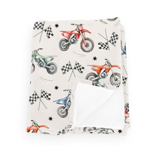 Vintage Motor Dirt Bike Baby Blankets for Boy Girl Cute Race Bikes Plaid Checker Flag Stars Flannel Blanket Fluffy Blanket for Baby Newborn Infant Toddler Kid Crib Bedding Bike 30x40inch