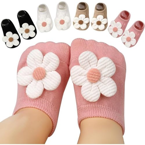 Baby Girl Socks with Non-Slip Grips, 4 Pairs Cute Soft Cotton Breathable Flower Infant Ankle Socks for Newborn
