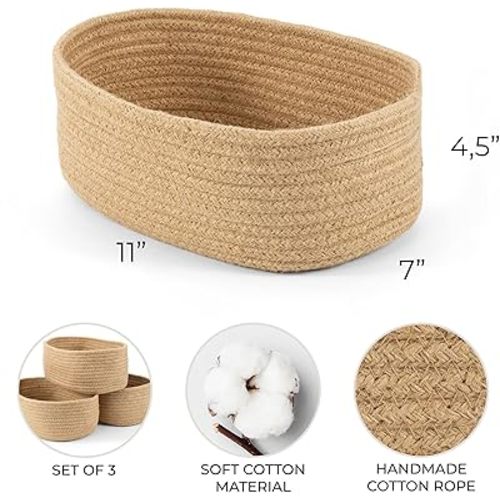 Beautiful Storage Basket Set of 3 - Sturdy Jute Rope Baskets for Shelves Are Perfect for Organizing Your Home - Quality Storage Bins Easily Fit With Any Nursery or Bedroom Decor