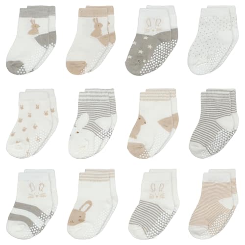 Mother's Choice Organic Cotton Baby Socks 6-12 Months, 12 Pairs Anti Slip Unisex - Soft & Hypoallergenic Baby Girl & Boys Socks (US, Age, 6 Months, 12 Months, Brown,Gray,White)