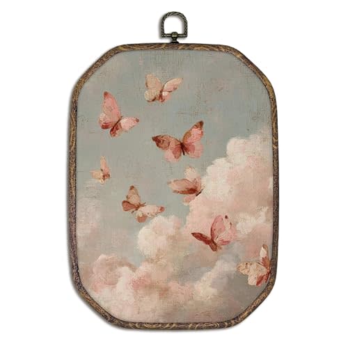 Yorhifa Whimsical Cloud Butterfly Framed Wall Art, Rustic Soft Pink Pastel Cloud Oval Wall Art, Cottagecore Sky Oval Walls Decor, Girl Nursery Room Canvas Artwork Hanging Decor, 7x10.2in