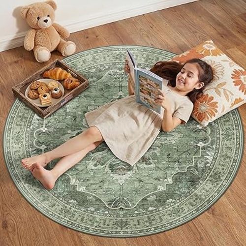 RELEANY Area Rugs Round 4ft Washable Non-Slip, Floral Vintage Distress Print Pattern Medallion Carpet for Living Room Bedroom Dining Room, Dark Green Gray