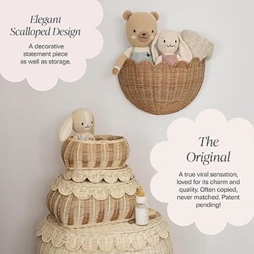 BEBE BASK Scalloped Wicker Hanging Basket - The Original Wicker Wall Decor - Hand Woven Wall Basket - Home Décor Wall Hanging Basket - Wall Storage Basket for Nursery, Living Room and Bathroom (Mocca)