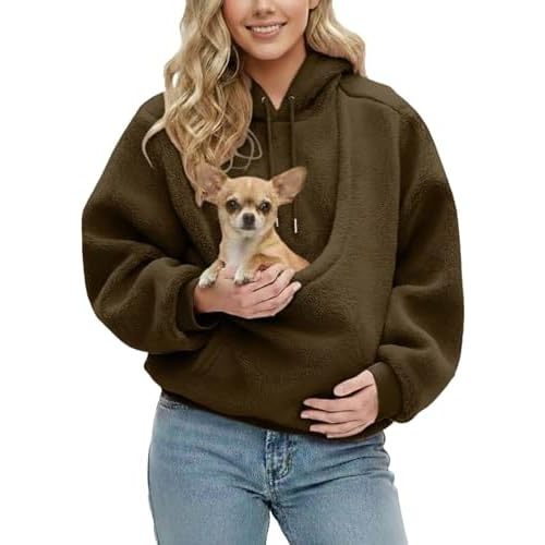 Flannel Kangaroo Pet Carrier Hoodie for Women- Oversized Cat Dog Pouch Pullover Sweatshirt with Front Holder