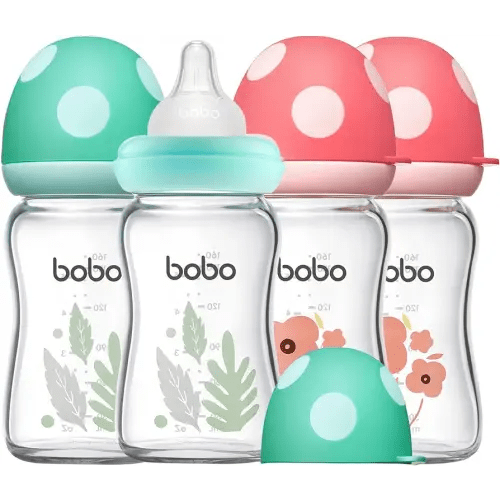YOHKOH Natural Glass Baby Bottle with Level 1 Slow Flow Nipple, Newborn Anti-Colic Baby Bottles, Wide Neck Mushroom Baby Glass Bottle ((5.4oz (Pack of 4), Multicolour)