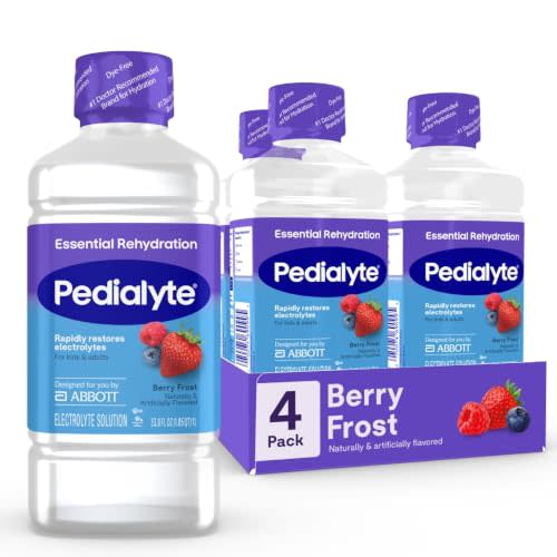 Pedialyte Essential Rehydration Electrolyte Drink, Dye-Free Hydration, 4-1L | Berry Frost, hydration drinks for adults & kids to restore fluids and electrolytes, 75% less sugar vs leading sports drink*