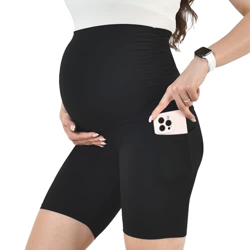 Maternity Shorts with Pockets Over The Belly for Women, High Waisted Soft Pregnancy Yoga Pants