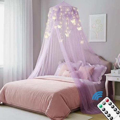 Bed Canopy for Girls or Adults, w/Warmwhite Butterfly Lights Round Hoop Purple Bed Canopy Netting Mosquito Net, Home Decor for Twin, Full, Queen