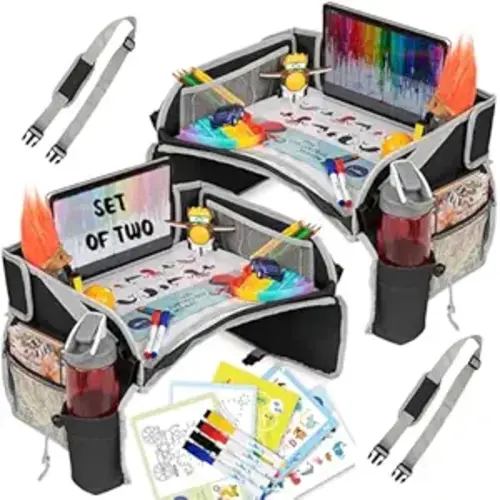 PILLANI Kids Travel Tray for Car - Carseat Tray w/iPad Holder & Dry Erase Board, Road Trip Essentials - Toddler Lap Desk Organizer for Airplane - Roadtrip Activities & Travel Essentials - Pack of 2