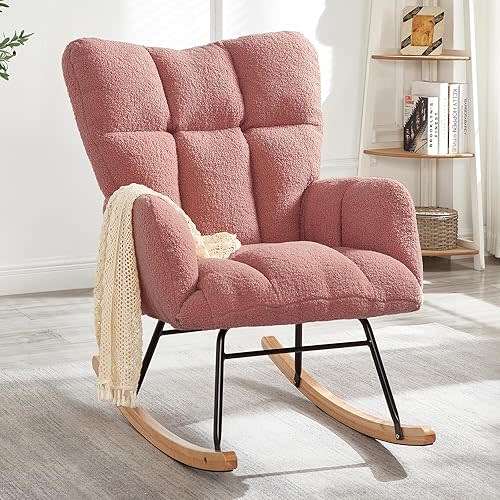 Teddy Fabric Rocking Chair Metal Frame, Modern Comfy Accent Chair with Ergonomic Principles for Living Room, Bedroom, Offices (Pink)