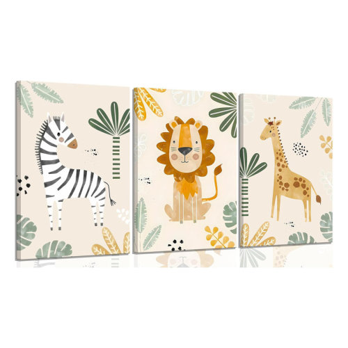 Dakota Fields 3Pcs Framed Safari Animals Canvas Wall Art Inspirational Animal Lion Giraffe Zebra Poster Print Jungle Animal Painting Picture Wall Decor For Nursery Baby Children's Room Bedroom Home Decoration | Wayfair
