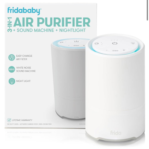 Frida Baby 3-in-1 Baby Air Purifier for Allergy Relief, Sound Machine for Sleeping + Nightlight, HEPA Filter Purifier for Bedroom with 3 Fan Speeds, Easy-Change Filter, Auto-Off Timer