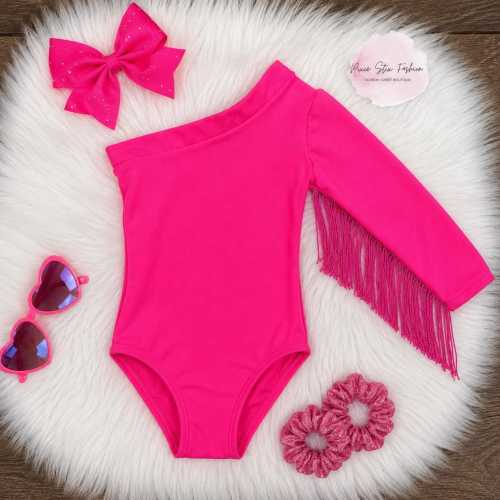 Hot Pink One Shoulder Fringe Leotard/Girls Western Rodeo Outfit