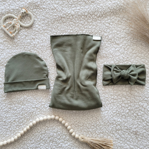 Baby Swaddle Set in Olive- Swaddle, Headband, Beanie Hat - Gender Neutral, Baby Girl, Baby Boy