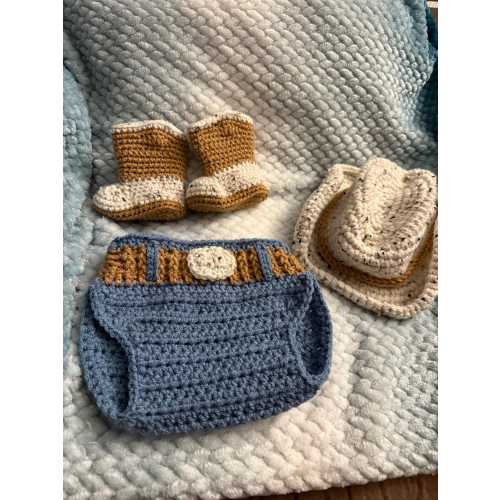Handmade Crochet Cowboy Baby Outfit – Hat, Boots & Diaper Cover Set – Western Photo Prop