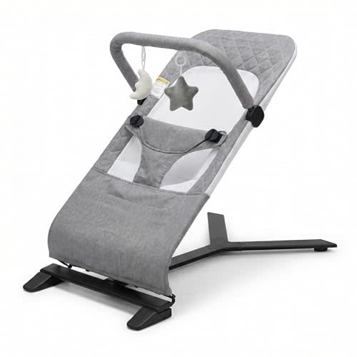 Portable Baby Bouncer Seat for Newborn, Light Gray | Ergonomic Baby Rocker, Removable Toy Bar, Breathable Mesh & Cotton Fabric, 3-Point Harness