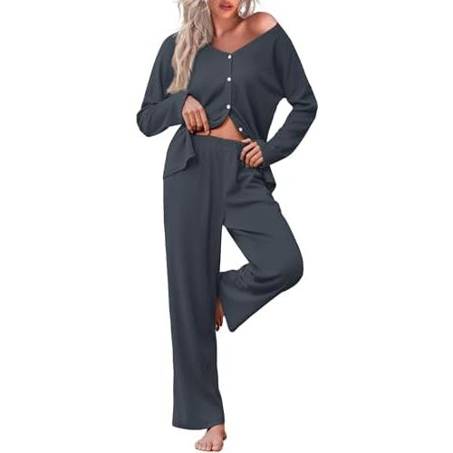 Ekouaer Womens Waffle Knit Pajamas Long Sleeve Lounge Set Button Up Pjs Loungewear with Pockets