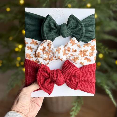 Christmas Top Knot Bundle (Dark Green Waffle, Gingerbread Men Print, Red Brushed Waffle), Newborn / Baby