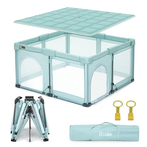 Foldable Baby Playpen, iTiLike Large Playard with Detachable Thickened Washable Water-Resistant Mat, Playpen for Babies and Toddlers, Play Pens with Gate, Indoor & Outdoor Portable Play Yard