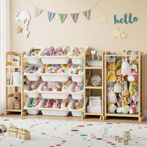 NEORIVER 4-in-1 Toy Storage Organizer for Kids – 12 Bins & 6 Shelves, Bookshelf and Toy Book Storage for Playroom, Bedroom, Nursery