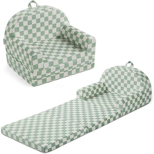 Blissful Diary Foldable Toddler Couch, 2-in-1 Comfy Toddler Chair & Lounger for Reading, Playroom, Kids Couch Sofa for Girls Boys Birthday Gift, Sage Checkered