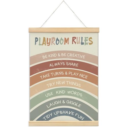 foedor Boho Rainbow Nursery Playroom Rules Wall Art with Wooden Frames,Playroom Wall Decor Canvas Hanging Banner,Playroom Sign Affirmations Prints Framed for Classroom Kids Room Wall Decor,12x16 Inch