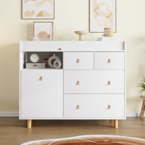 OXYLIFE Baby Dresser with Changing Table Top, 4 Drawers Nursery Dresser with Removable Guard for Nursery and Kids Bedroom, White