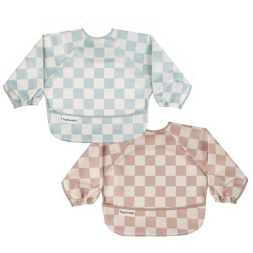 Tiny Twinkle Mess-Proof/Waterproof 2-Pack Long-Sleeve Baby Bib, Machine Washable Smock for Eating (Biege/Sage Checkers, Small 6-24M)
