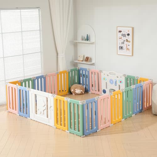 Baby Play Pen, Foldable Play Pens for Babies and Toddlers, 22 Panels Extra Large Baby Playpen, Astronauts Portable Fence, Kids Gate Playpen Yard - Colorful