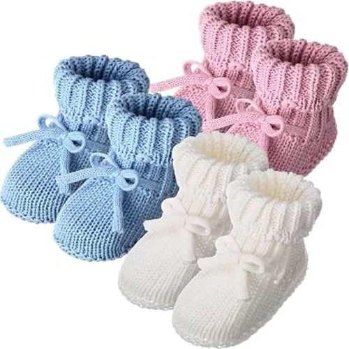 Evervibe 3 Pairs Knitted Baby Booties 0-6 Months Newborn Crochet Shoes Baby Shower Booties Centerpiece for Gender Reveal
