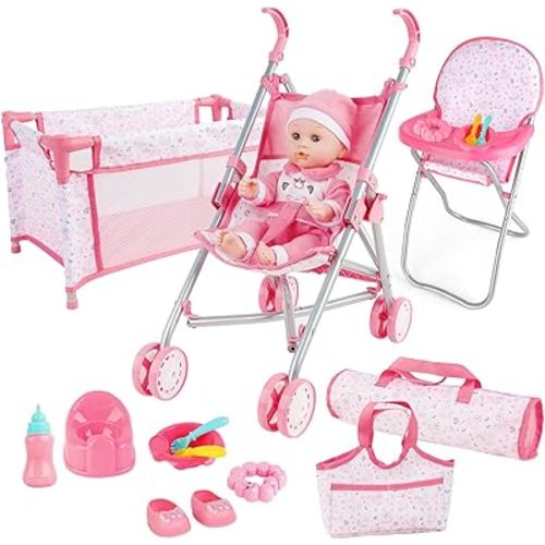 deAO Baby Doll Stroller Crib Bed Nursery Role Play Set Baby Doll Accessories and Play Mat,Travel Cot,Bouncer,Foldable Stroller and Travel Bag Birthday for Girls Boys Kids