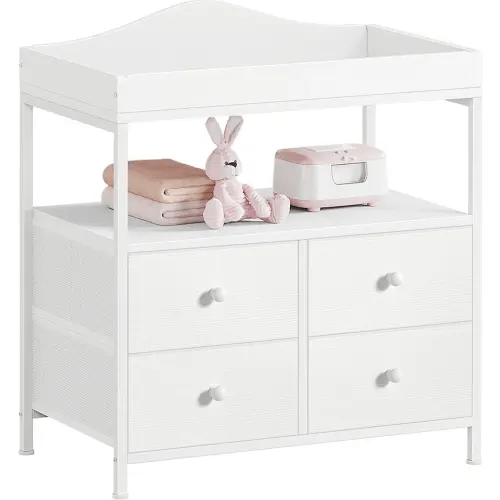 BOLUO Changing Table Dresser with 4 Fabric Drawers and Open Shelf, Baby Dresser with Changing Table Top Diaper Changing Station with Storage for Nursery Modern (White)