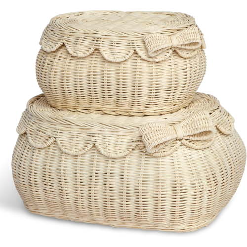 The Original Scalloped Bow Basket with Lid – Set of 2 (15 x 11 x 6 in) – Handwoven Rattan Scalloped Wicker Basket with Lid, Woven Baskets for Storage (Bow)