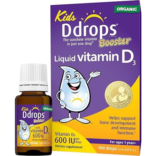 Ddrops Kids Booster 600IU 100 Drops - Daily Liquid Vitamin D for Kids. Support Strong Bones & Immune System in Children. No Preservatives, No Sugar, Non-GMO, Allergy-Friendly