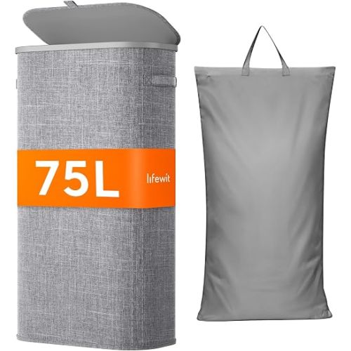 Lifewit Slim Laundry Basket with Lid, Narrow Large Laundry Hamper with Plastic Handles and Removable Bag, Tall Foldable Dirty Clothes Hampers for Laundry Room, Bedroom, Bathroom, Dorm, 75L Gray