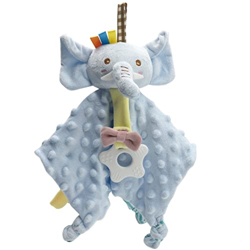 Elephant Security Blanket for Baby - Soft Plush Minky Fabric Lovey Stuffed Animal With Crinkle Sensory - Unisex Baby Gift Snuggle Blanket, Blue 11"