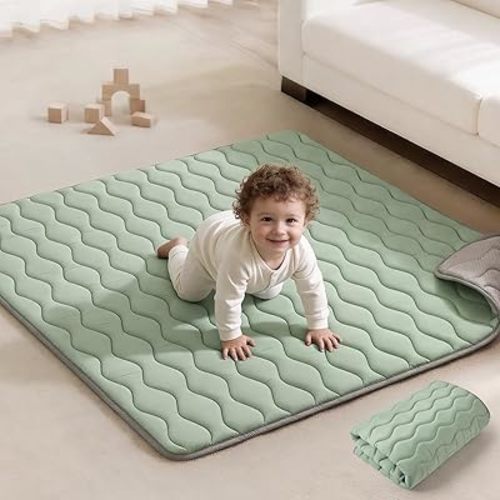 Blissful Diary Portable Baby Play Mats for Floor, 43" X 43" Thicker Cushioned Foldable Baby Crawling Mat for Indoor Outdoor, Non-Slip & Washable Kids Playmat for Tummy Time Activity, Sage Green