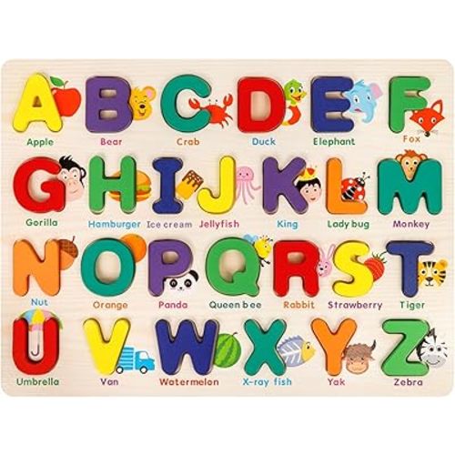 Alphabet Puzzle Wooden Puzzles for Toddlers 3 4 5 Year Old, ABC Shape Learning Toddler Toys with Board & Letter Blocks, Preschool Educational Toys for Girls Boys, Pattern Alphabet