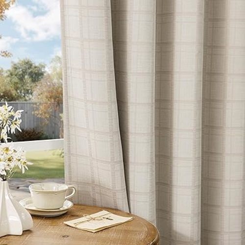 Beauoop Cortinas opacas de jacquard a cuadros beige de 84 pulgadas de largo, 2 paneles para dormitorio, sala de estar, oscurecimiento de la habitación, aislamiento térmico insonorizado, cortinas de