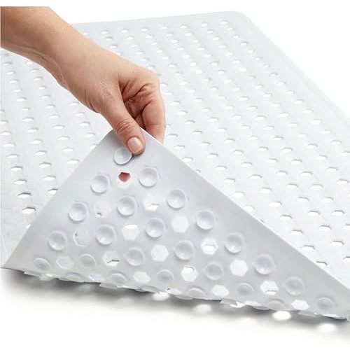 GORILLA GRIP Patented Bath Tub Shower Mat, Machine Washable Bathtub Floor Liner Mats, Suction Cups and Drain Holes to Keep Tubs Clean, Soft on Feet, Bathroom Essentials, 35x16 Inch, White
