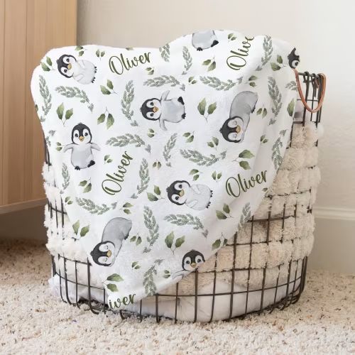 Personalized Penguins Swaddle Blanket Penguin Name Baby Blanket Newborn Baby Boy Coming Home Outfit Hospital Photo Outfit Baby Shower Gift