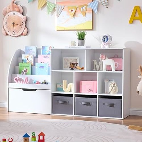 Kids Bookshelf and Toy Storage, 58.5’’ Toy Storage Organizer with Movable Chests & 3 Storage Bins, Large Kids Reading Nook Toy Organizers and Storage with 5 Cubbies for Playroom, Bedroom, White