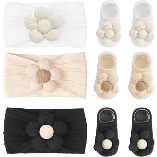 CÉLLOT Baby Girl Headband and Socks, Non-Slip Floral Socks and Soft Floral Nylon Hairbands for Babies Infants and Toddlers(White,Beige,Black)