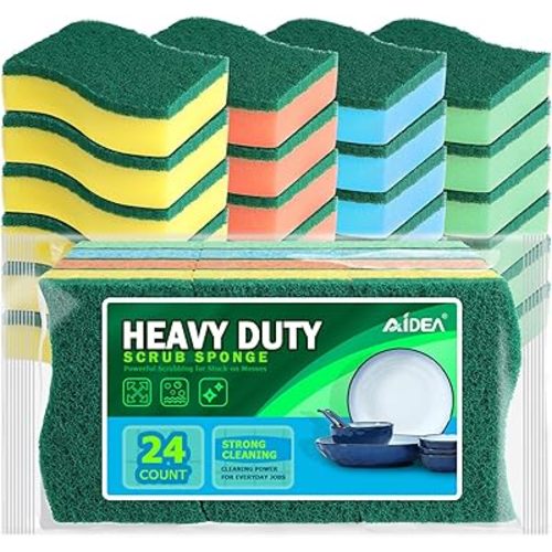 AIDEA Sponges Kitchen, 24Pack Heavy Duty Dish Sponge, Cleaning Dish Scrubber Sponge for Home and Kitchen, Stink-Free Cleaning Supplies for Pots, Pans