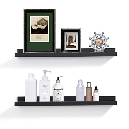 Black Floating Shelves for Wall 24 Inch Wall Shelves with Lip Modern Picture Ledge Shelf Wall Mount Photo Shelves Room Decor Hanging Book Shelves Set of 2 for Bedroom Living Room Bathroom Kitchen