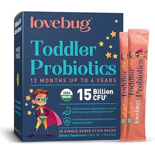 Lovebug Kids Probiotic Powder with Prebiotic Fiber - Toddler Immunity Support & Constipation Relief - USDA Organic Probiotics for Childrens Gut & Digestive Health (Ages 1-4) - 30 Pack (Unflavoured)